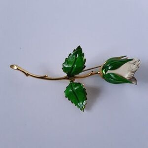 Vintage Rose Gold Tone Green White Flower Brooch